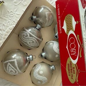 Six Vintage Coby Silver Glitter Glass Christmas Ornament Set